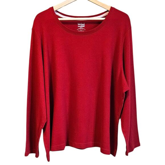 Basic Editions Woman Red Long Sleeve Cotton Top Shirt Plus Size 3X - Picture 1 of 4